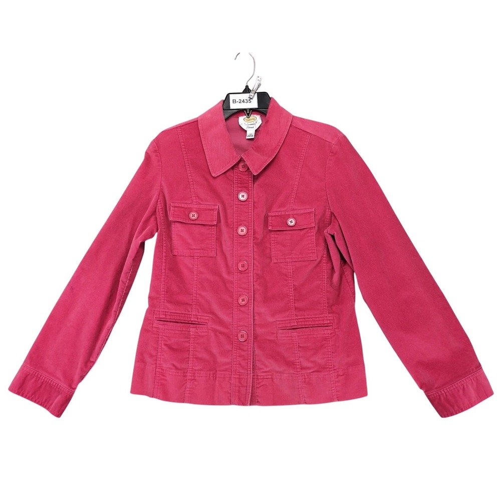 Talbots Pink Velour Utility Jacket Womens 14P Stretch Pockets Coquette Dollycore